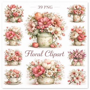 Puede incluir: Una colección de imágenes prediseñadas florales en acuarela. Las imágenes presentan arreglos de flores rosas, blancas y melocotón en varios recipientes, incluyendo regaderas, tazas de té y macetas decorativas. También está presente el texto "39 PNG" y "Floral Clipart".