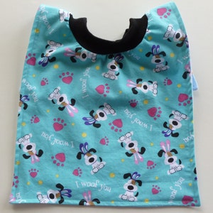 Cute dog with bunny ears I Woof You pullover bib for babies, toddlers and special needs children; Easter bib; bibs with no strings or snaps