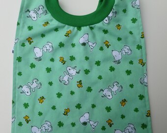 Snoopy, Tweety and 3 leaf clover pullover bib for babies, toddlers and special needs children; Shamrocks; St. Patrick's Day bib