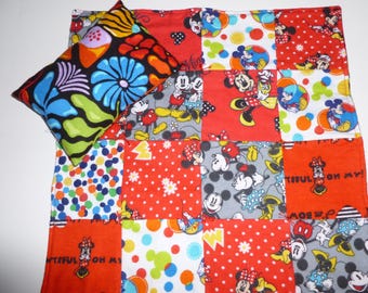 Flannel Mickie and Minnie doll quilt and pillow set, child's mini blanket, small blanket for pet; gift for toddler or young girl