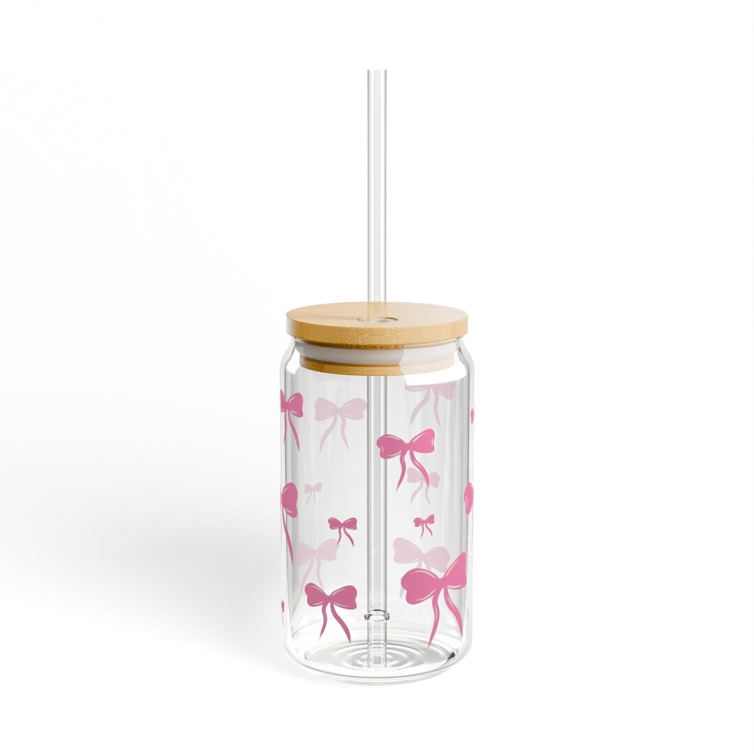 Pink Bow Pattern Sipper Glass | 16oz Bamboo Lid Straw Tumbler - Etsy