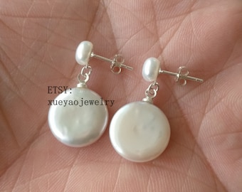 White Coin Freshwater Pearl Earrings 13-14mm by Pearl Island