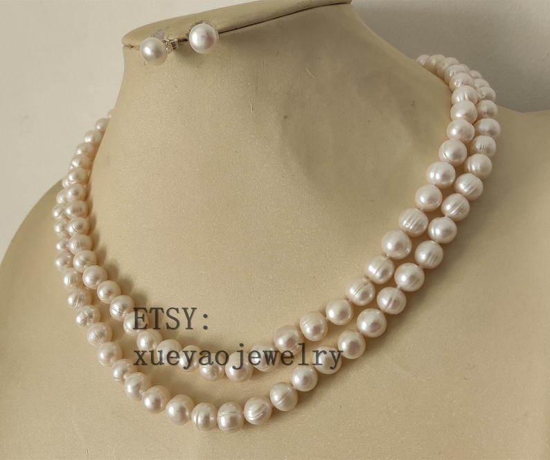 double rows 8-8.5 mm white freshwater pearl necklace /& earrings set