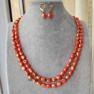 pearl set- Baroque pearl necklace, pearl necklace earrings set , double rows 8-9mm Orange pearl necklace
