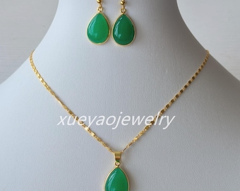 Green Jade Teardrop Pendant and Earrings Set