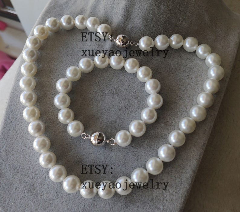 12 mm white shell pearl necklace /& bracelet set Jewelry Set