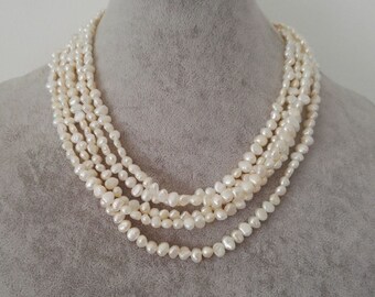 pearl necklace, Baroque pearl necklace, cultured 4-5 mm white freshwater pearl long necklace