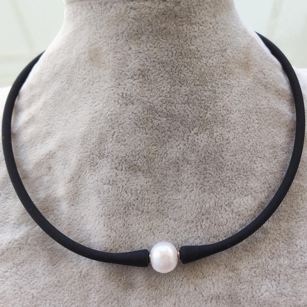 Pearl necklace, 10-11 mm white freshwater pearl with Silicone rubber necklace , 16 inch / 18inch/ 20inch necklace