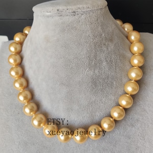 14mm Yellow Shell Pearl Necklace: Magnetic Clasp