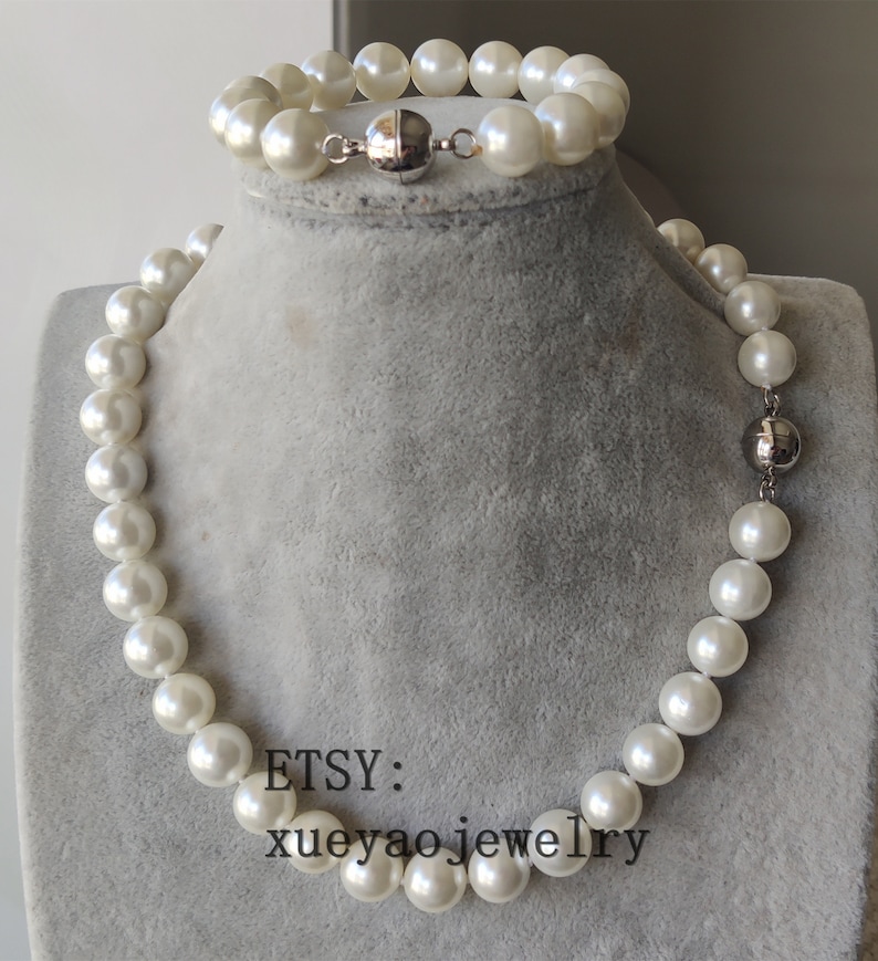 12 mm white shell pearl necklace /& bracelet set Jewelry Set