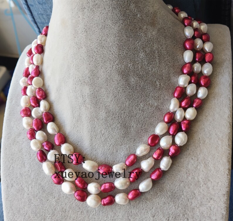 Baroque Pearl Necklace 3 rows 8-9 mm white /& red freshwater pearl necklace