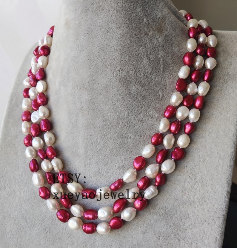 Baroque Pearl Necklace 3 rows 8-9 mm white /& red freshwater pearl necklace