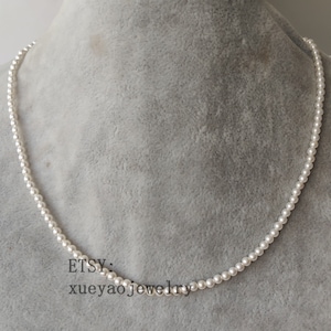 White Shell Pearl Necklace: 3mm Seed Bead Bridal Jewelry, 925 Silver Clasp