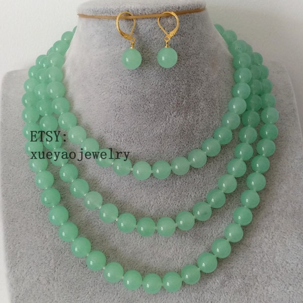 Jewelry Set-jade necklace, 8 mm jade necklace, 32/48/64 inches light green jade necklace & earrings