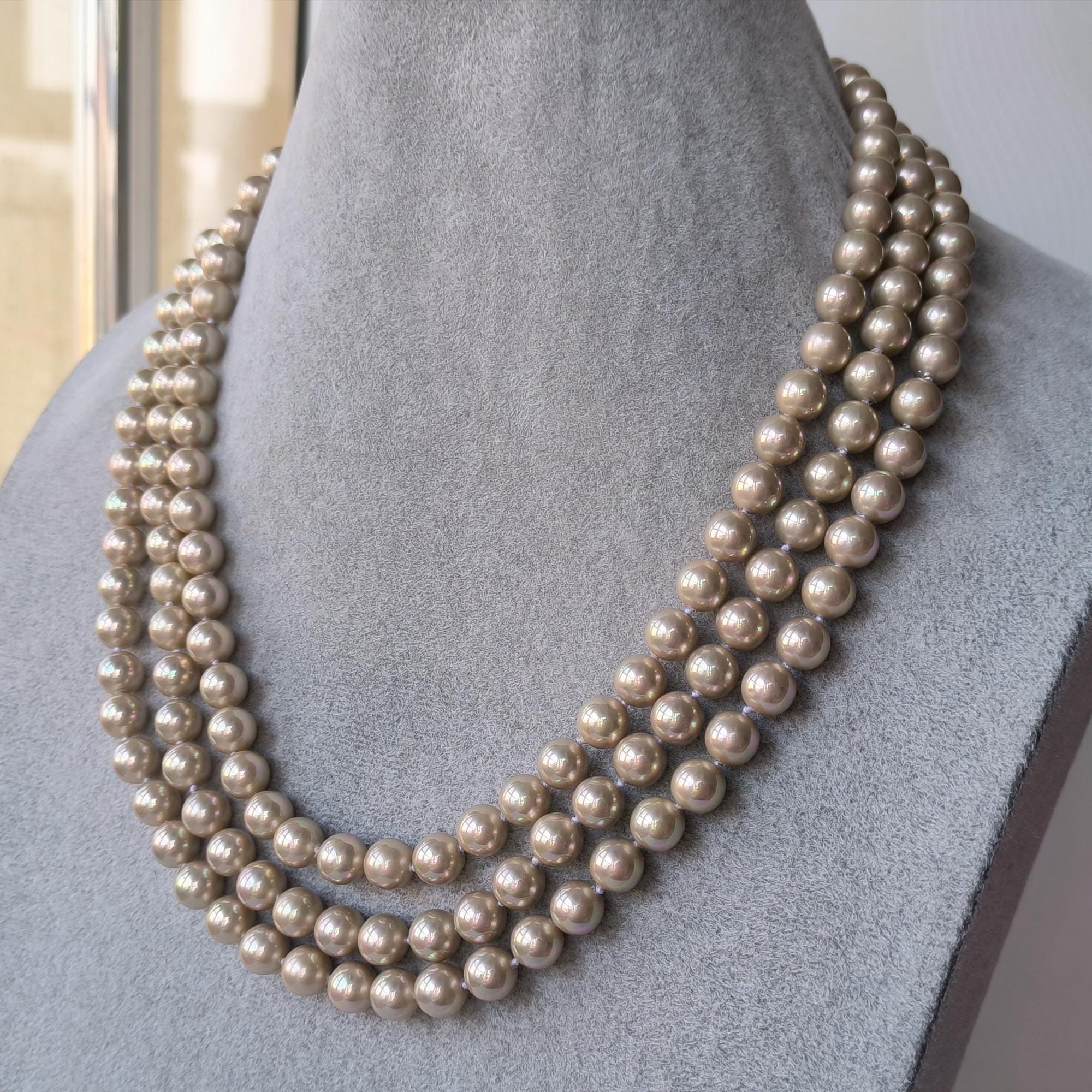 Long Strand Necklace, 8 Mm Beige Brown Shell Pearl Necklace 60
