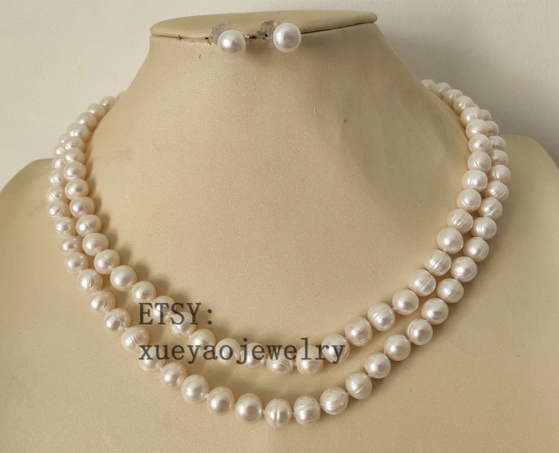 double rows 8-8.5 mm white freshwater pearl necklace /& earrings set