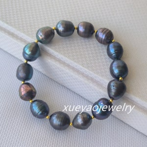freshwater pearl bracelet, 11.5-12.5 mm cultured black pearl stretch bracelet