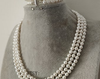 White Shell Pearl Jewelry Set: 3-Row Necklace & Bracelet