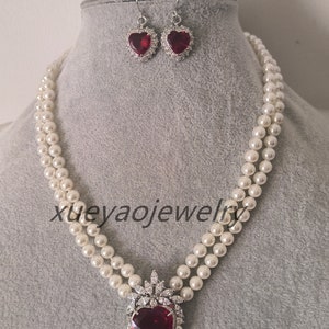 White Shell Pearl Necklace Earring Set: Red Heart Zircon Jewelry
