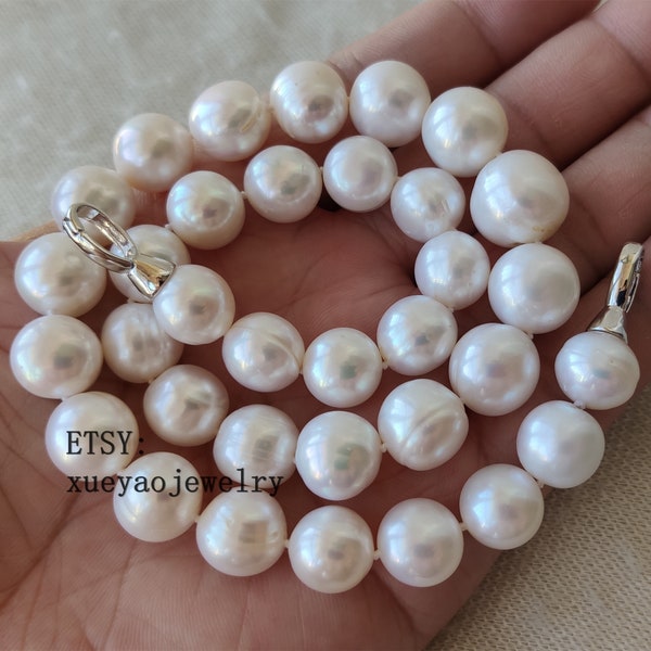 Collier de perles d'eau douce, collier de perles AA +, véritables grosses perles de culture d'eau douce blanches de 11-13 mm