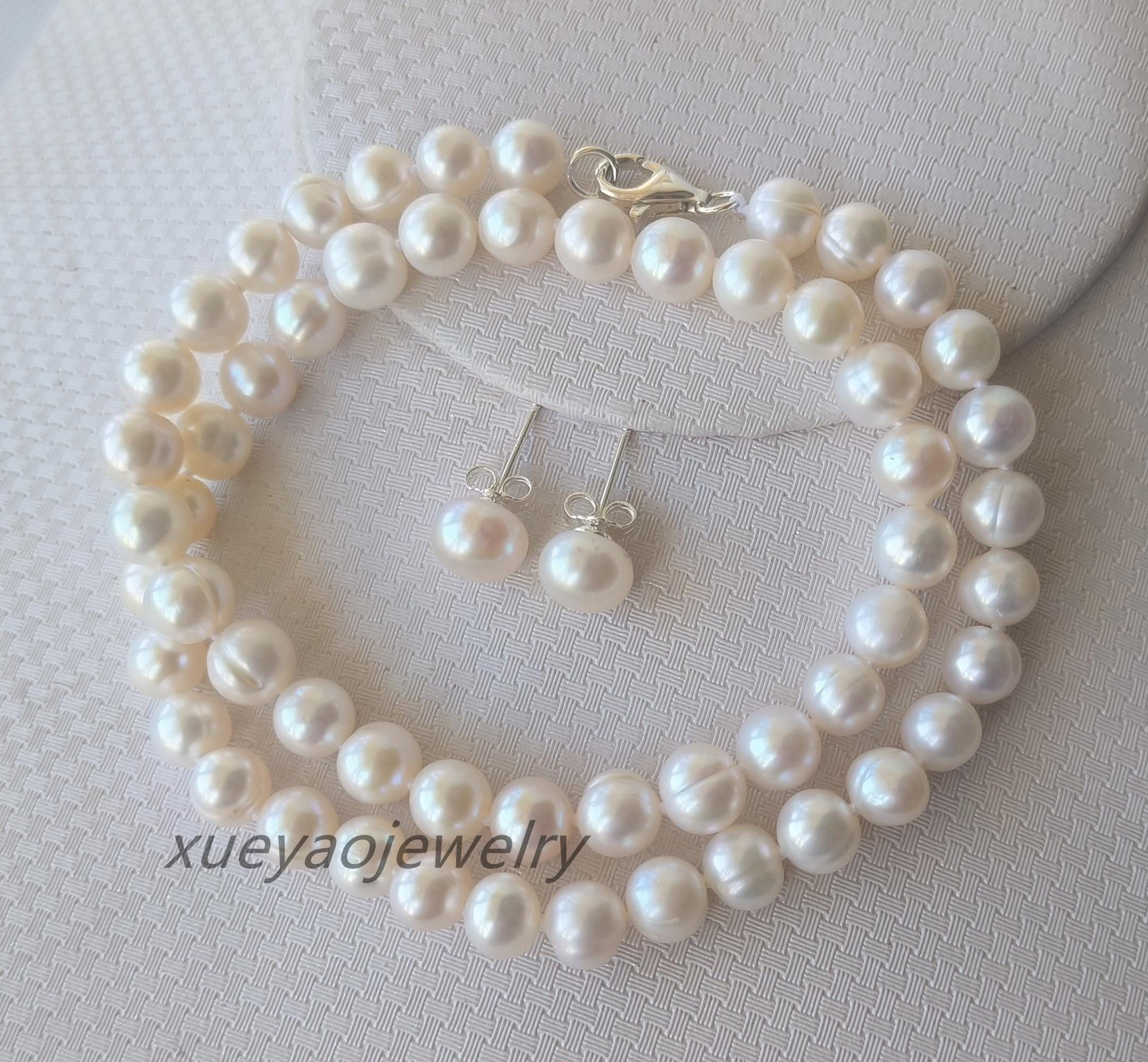 Set Collana E Orecchini Con Perle Coltivate D'Acqua Dolce Bianco Naturale - 14-50cm