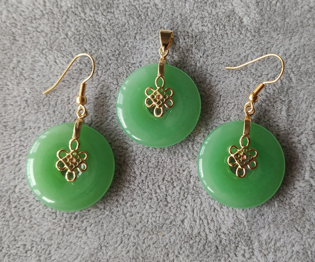 Jewelry Set 25 Mm Light Green Jade Earrings & Pendant Set Etsy