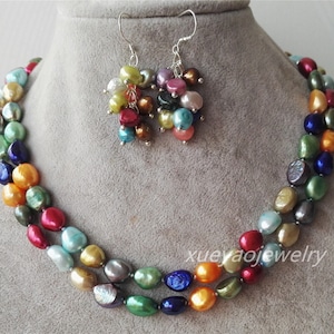 pearl set, double rows 8-9 mm multi-color baroque pearl necklace earrings set, freshwater pearl