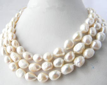 pearl necklace - baroque pearl necklace, white freshwater pearl long necklace,10-12 mm white pearl necklace