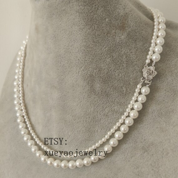 Double Strands 3-6 Mm White Shell Pearl Necklace, Wedding Jewelry