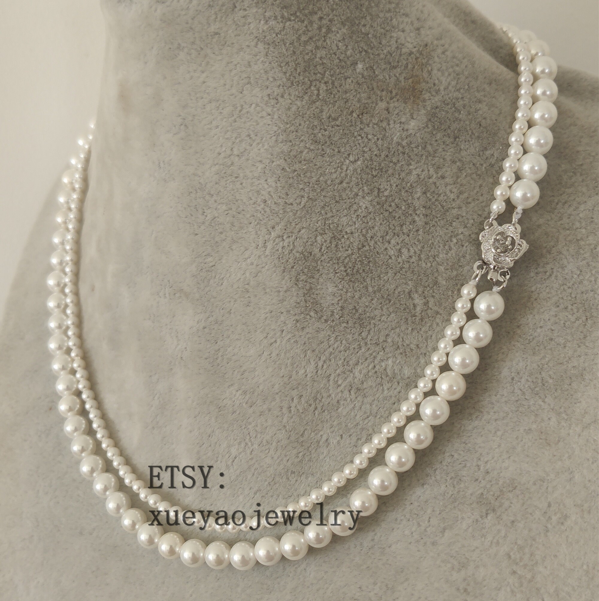 Collier Double Rang Vintage - Perles Blanches/noires Et Billes Métal Chromé - Occasion