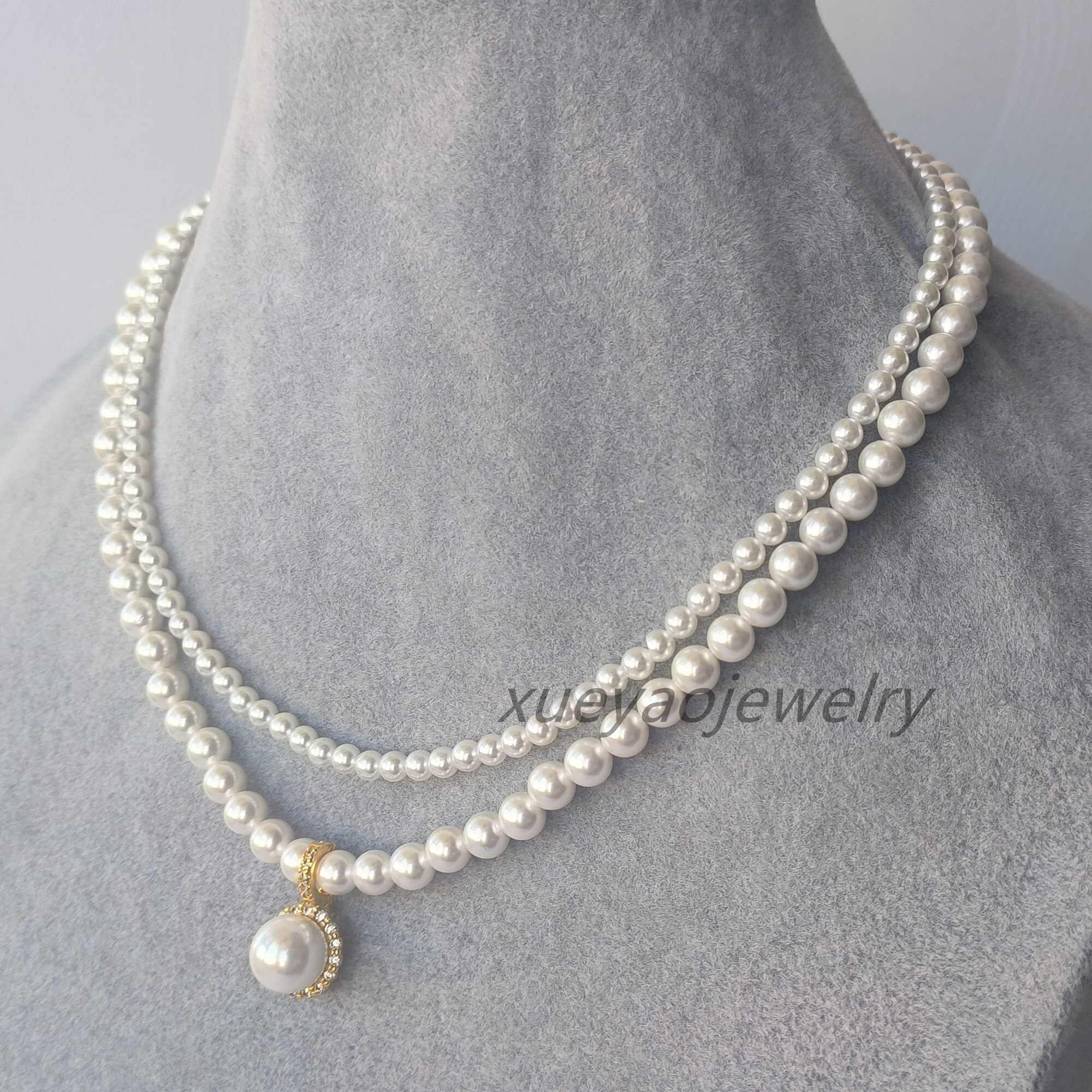 ★HARANG★ HR 61N_Mother of Pearl Necklace Mother of Pearl Necklace, 2 Rows 4-6 Mm White Shell Pearl