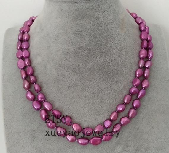 バロックパールネックレス：フクシアのダブルストランドパール