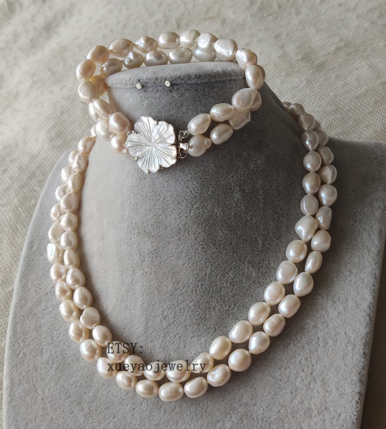double rows 9-10mm white baroque freshwater pearl necklace /& bracelet shell flower clasp pearl set