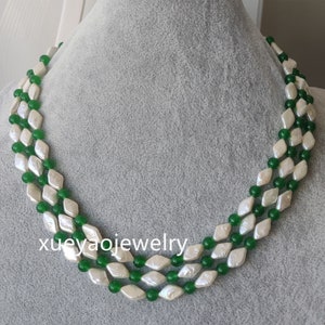 Baroque Pearl Necklace, Jade Necklace,   3 rows white pearl & green jade necklace