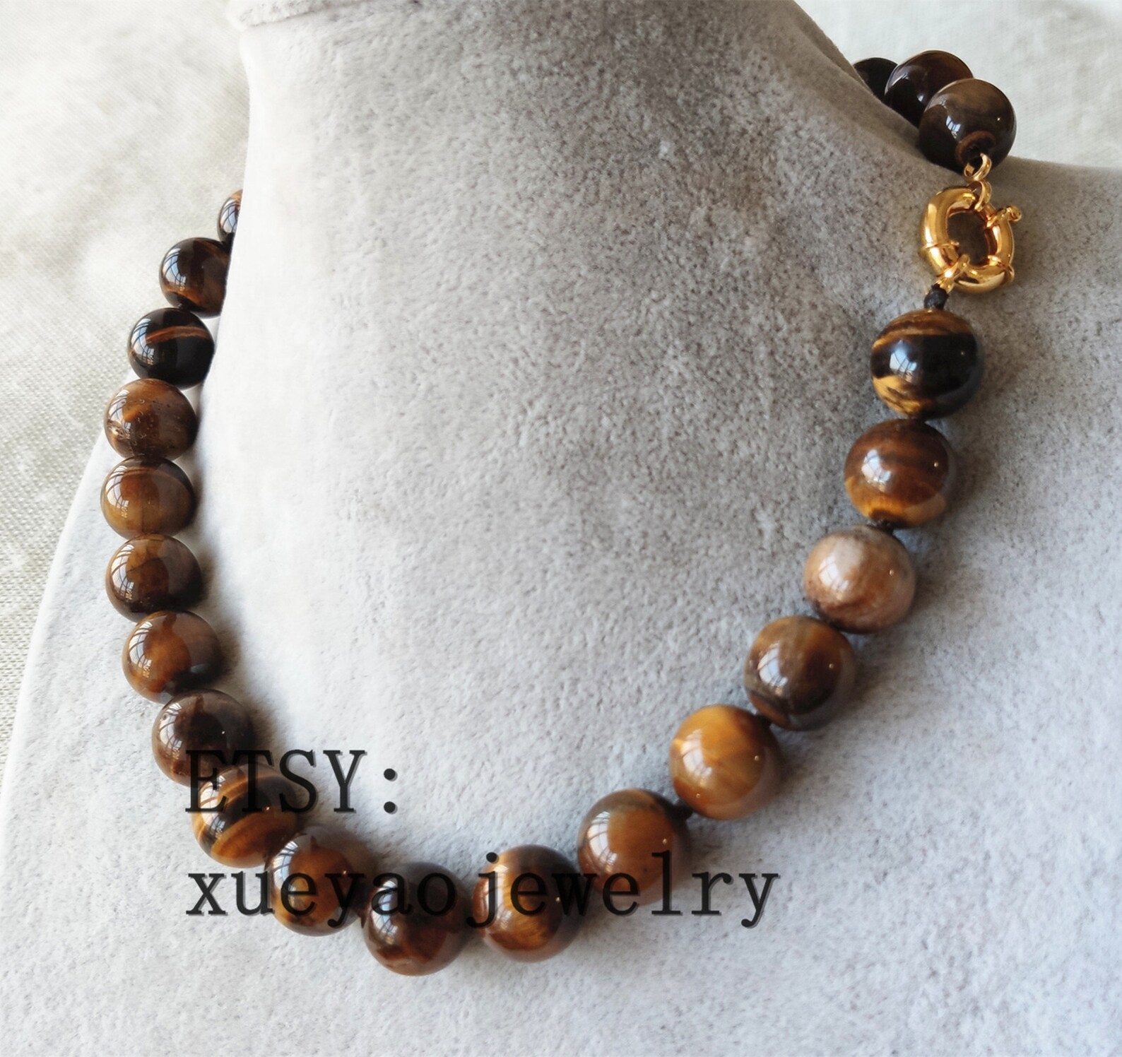 Tiger Eye Stone Necklace 12mm Beads Necklace Hand Knotted - Etsy