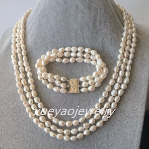 Baroque Pearl Jewelry Set: 3-Row Freshwater Pearl Necklace & Bracelet