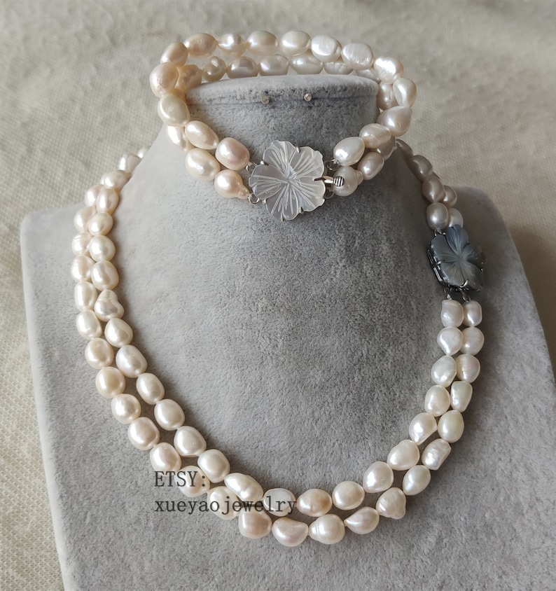 double rows 9-10mm white baroque freshwater pearl necklace /& bracelet shell flower clasp pearl set