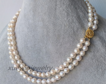 Freshwater Pearl Necklace ,  cultured 7.5-8 mm white pearl necklace, 2 rows pearl necklace