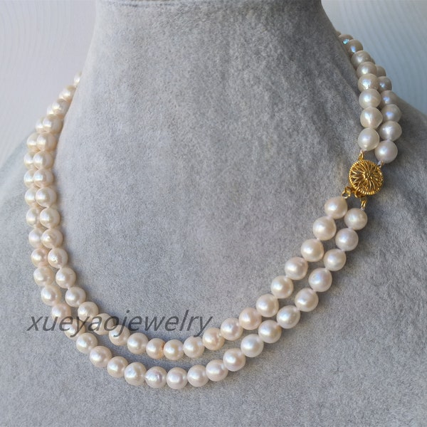 Freshwater Pearl Necklace ,  cultured 7.5-8 mm white pearl necklace, 2 rows pearl necklace