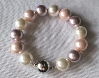 14mm Multi-Color Shell Pearl Bracelet: Magnetic Clasp, 8 Inch