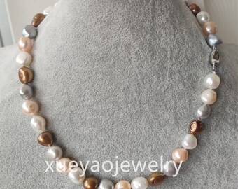 Freshwater Pearl Necklace, Baroque pearl Necklace, 11-12mm multi-color pearl necklace