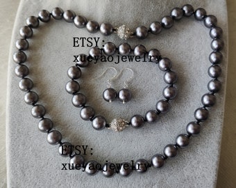 10 mm dark gray shell pearl necklace bracelet & earrings set