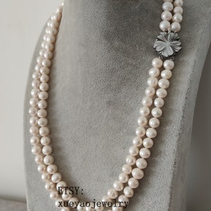 Freshwater Pearl Long Necklace: Double Row, Shell Flower Clasp