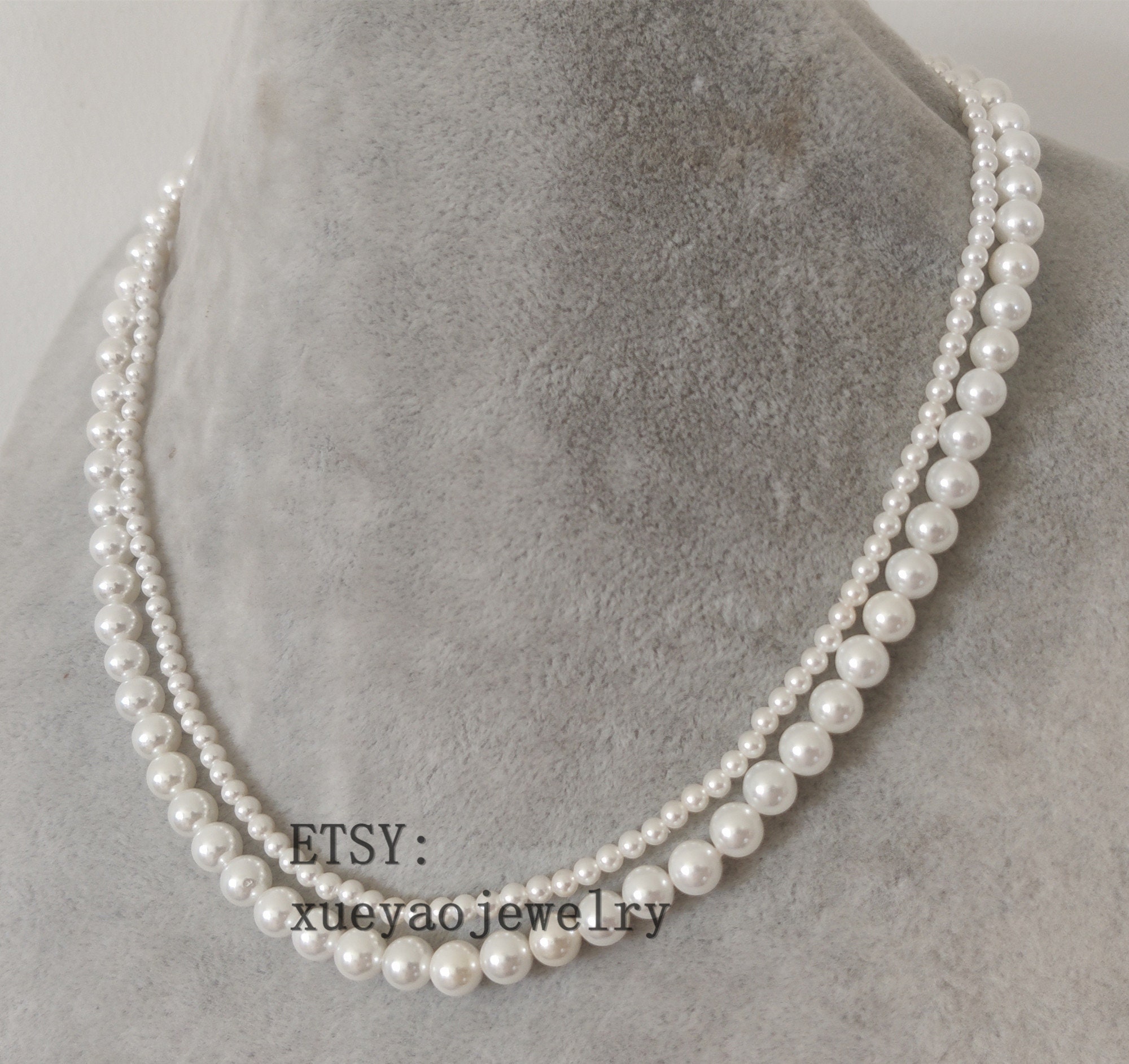 Collier Double Rangs Perles Blanches/Noires Et Billettes Métal Chrome - Occasion Vintage