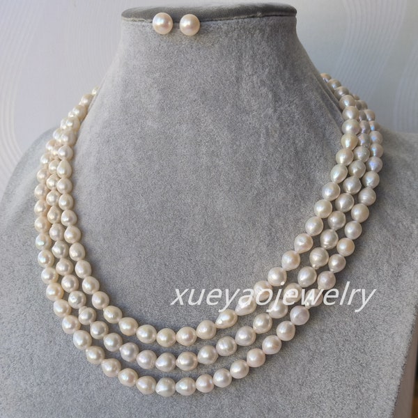 Cultured  Pearl Necklace , 3 rows 7.5-8 mm ivory white freshwater pearl necklace earrings set