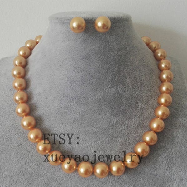 jewelry set- 12 mm champagne sea shell pearl wedding fashion necklace 15-25 inch & stud earrings set