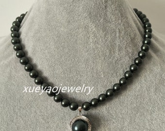 14 mm pendant, 8 mm black shell pearl necklace pendant