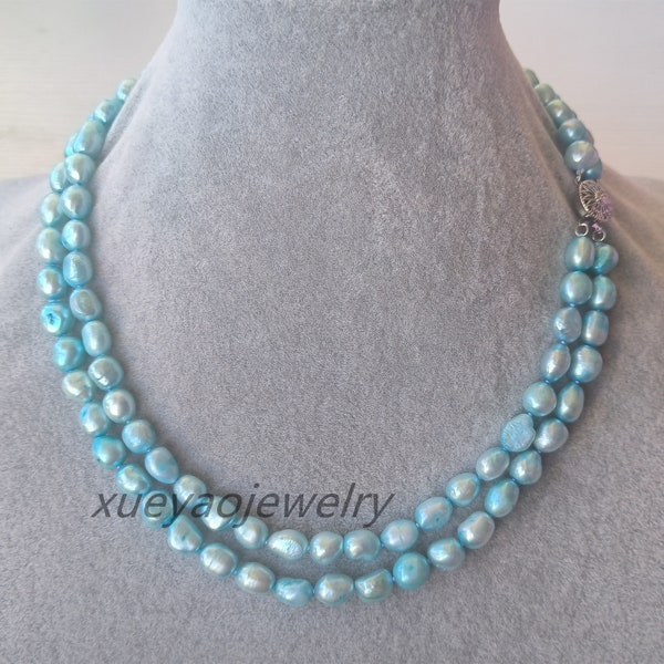 Collier de perles baroques, collier de perles d'eau douce bleu clair 8-9 mm, collier de perles 2 rangs.
