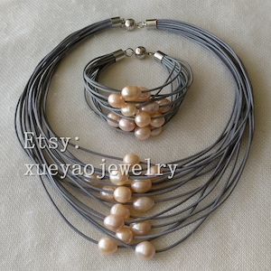 Gray Leather & Pink Pearl Necklace Bracelet Set