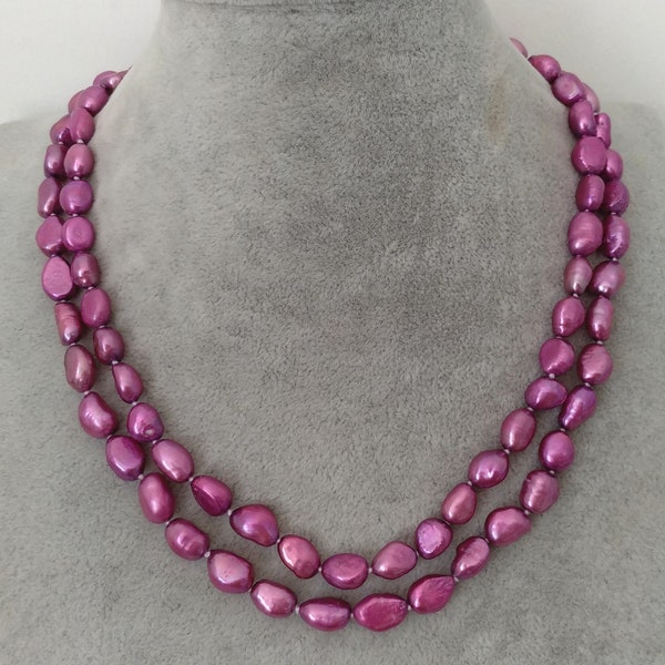 baroque pearl necklace - 2 rows 8-9 mm Fuchsia freshwater pearl  necklace